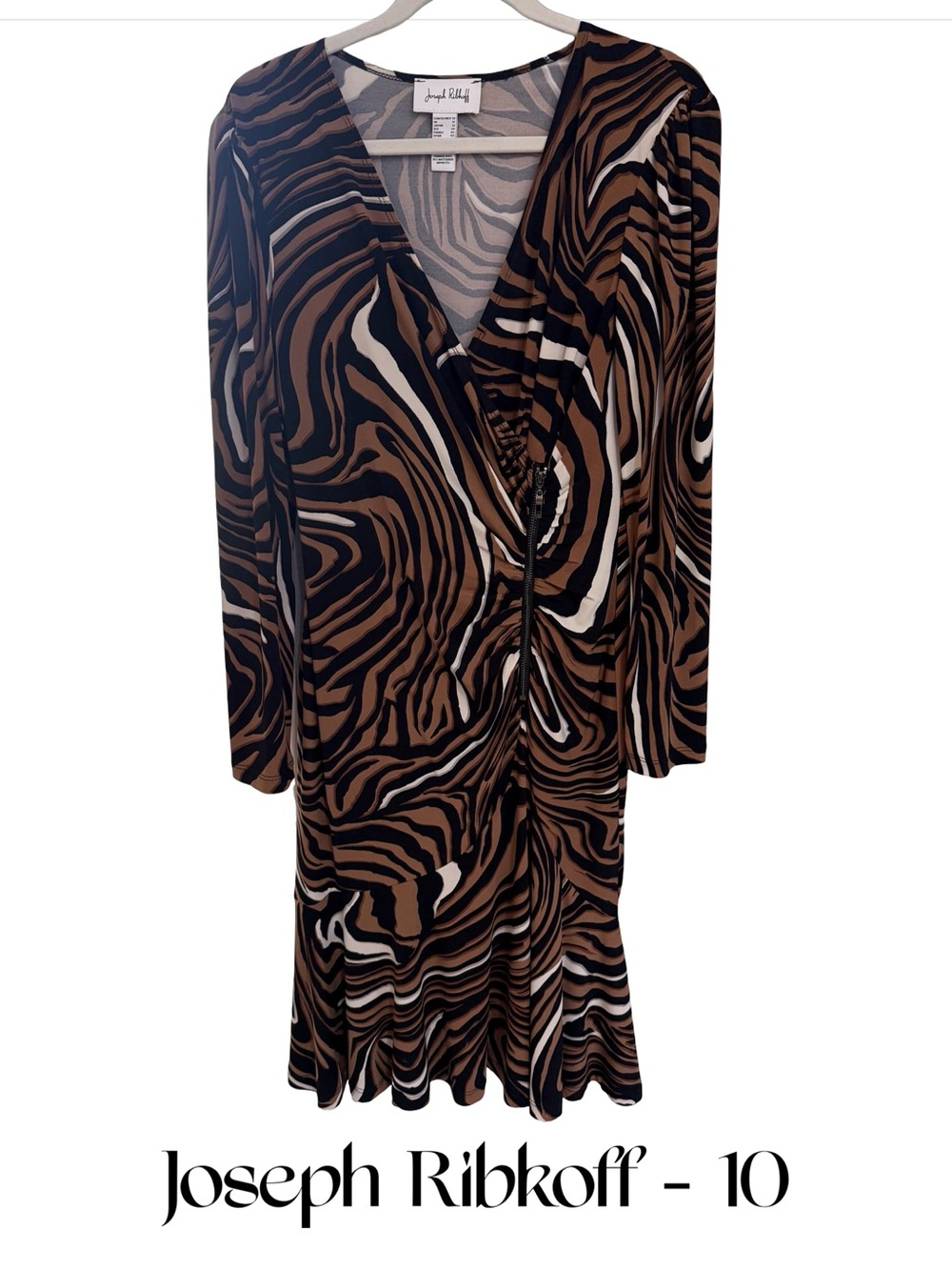 Joseph Ribkoff Brown, Black & Cream Zebra-Print Long Sleeve Wrap Dress